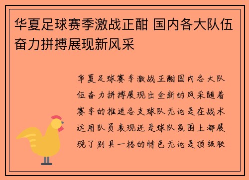 华夏足球赛季激战正酣 国内各大队伍奋力拼搏展现新风采
