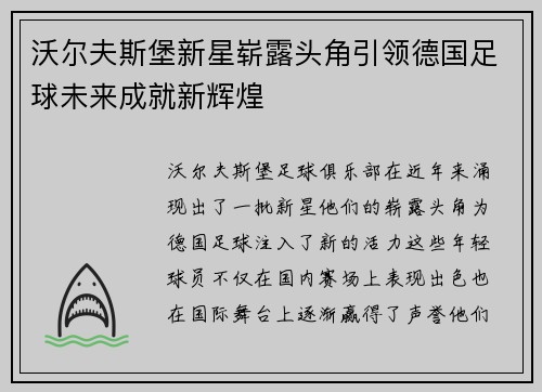 沃尔夫斯堡新星崭露头角引领德国足球未来成就新辉煌